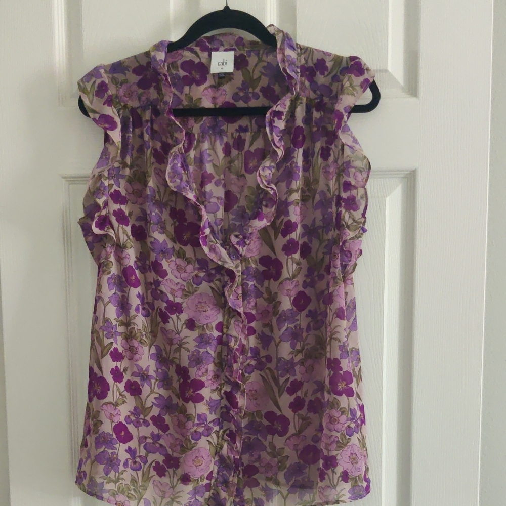 CAbi Purple and Pink Floral Ruffle Blouse Size M EUC